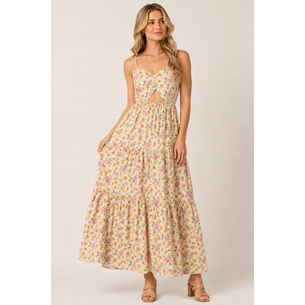 HERSY Floral Tiered Maxi‎ Dress Cutout Back Cottagecore Boho Sundress Size S